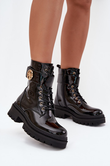 Lacquered ankle boots workers women's with golden detail insulated black Fiorena