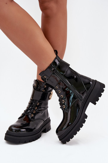 Lacquered ankle boots workers women's with golden detail insulated black Fiorena 2