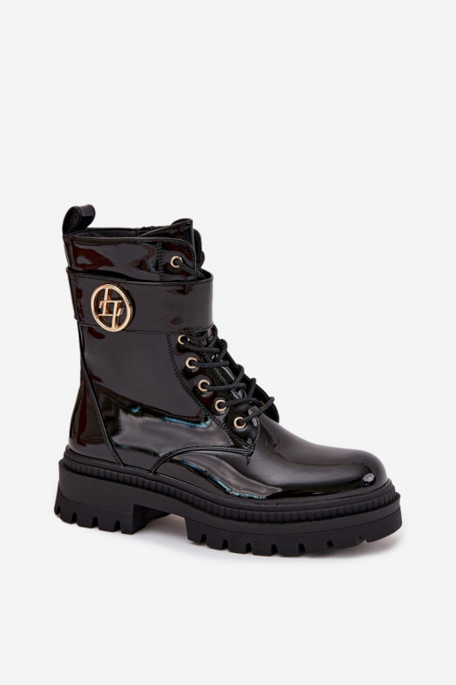 Lacquered ankle boots workers women's with golden detail insulated black Fiorena