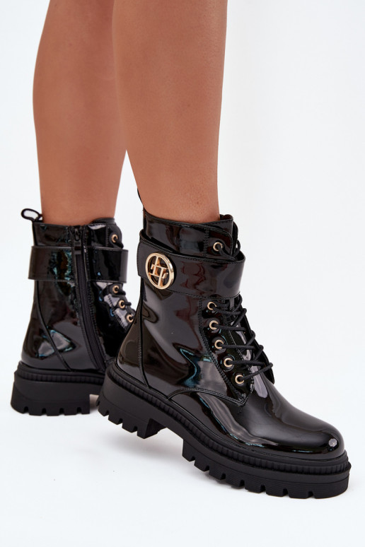 Lacquered ankle boots workers women's with golden detail insulated black Fiorena