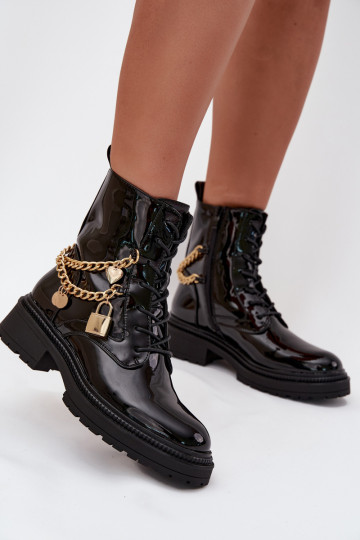 Lacquered Ankle Boots Workers Women's With Golden Chain Insulated Black Sarinae