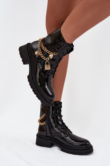 Lacquered Ankle Boots Workers Women's With Golden Chain Insulated Black Sarinae 2
