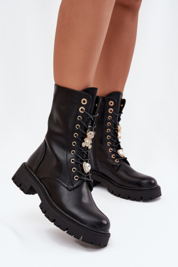 Women's Worker Ankle Boots With Pins Insulated Black Lomina