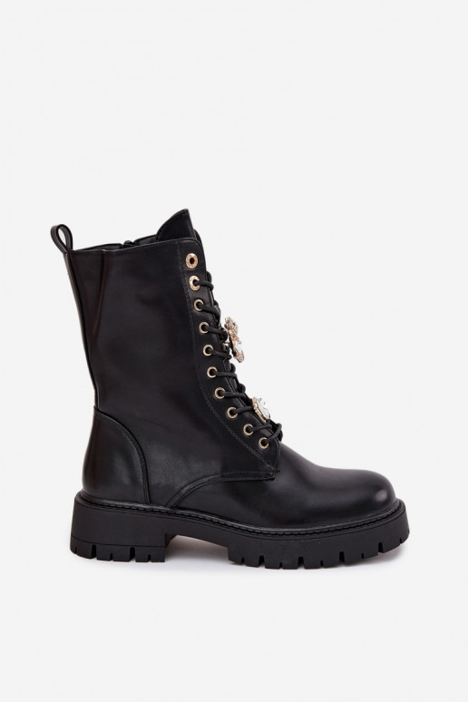 Women's Worker Ankle Boots With Pins Insulated Black Lomina