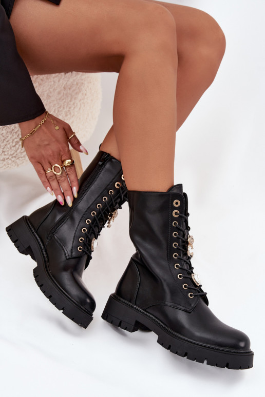 Women's Worker Ankle Boots With Pins Insulated Black Lomina