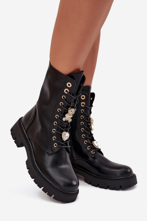 Women's Worker Ankle Boots With Pins Insulated Black Lomina