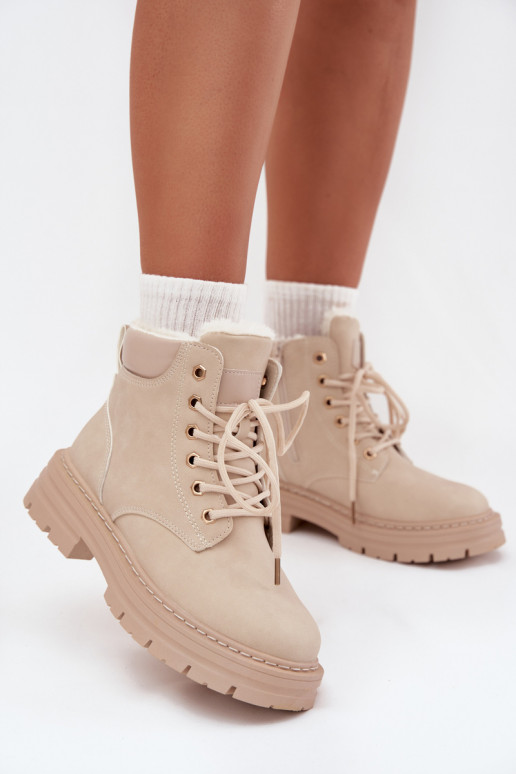 Ladies insulated boots with fur and zipper light beige Tharika