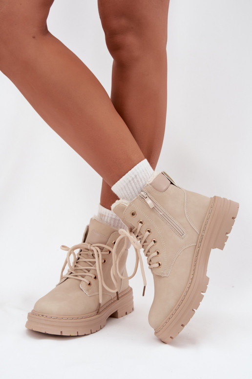 Ladies insulated boots with fur and zipper light beige Tharika