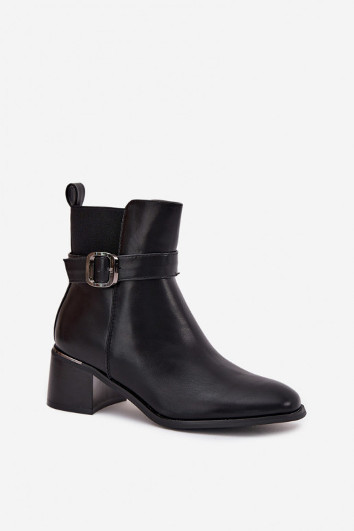 Warm Ladies Ankle Boots With Heel Strap And Buckle Black Sylira