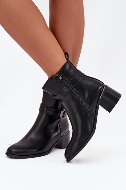 Warm Ladies Ankle Boots With Heel Strap And Buckle Black Sylira