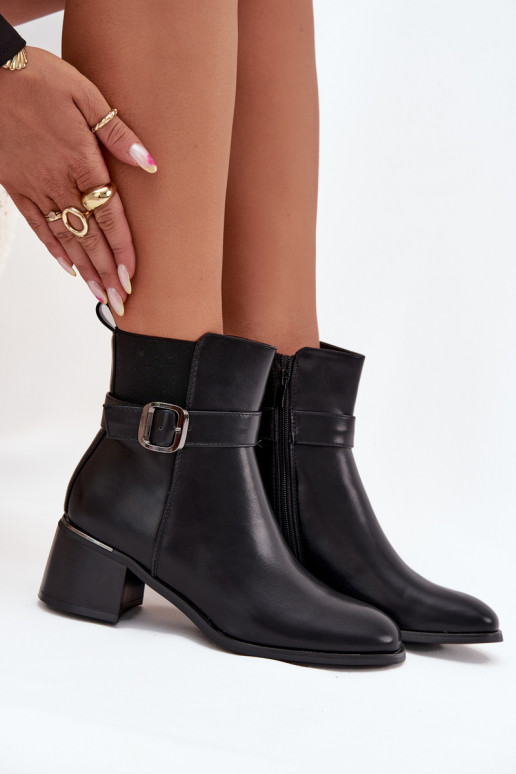 Warm Ladies Ankle Boots With Heel Strap And Buckle Black Sylira