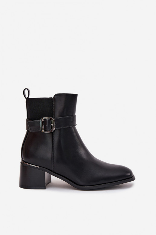 Warm Ladies Ankle Boots With Heel Strap And Buckle Black Sylira