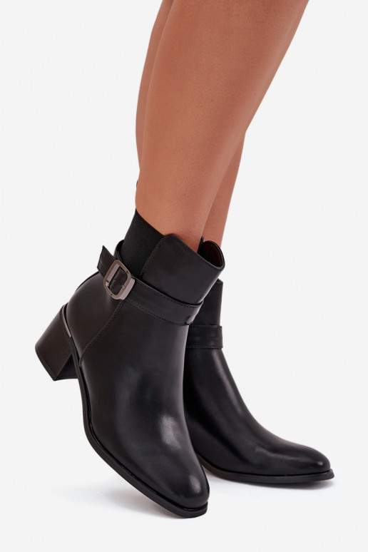 Warm Ladies Ankle Boots With Heel Strap And Buckle Black Sylira