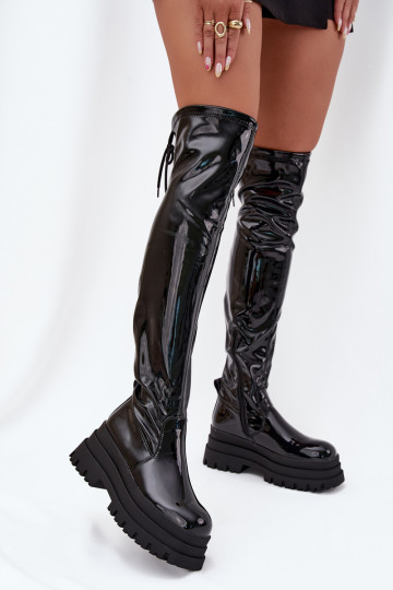 Glossy Knee High Boots On A Chunky Platform Black Ravela 2
