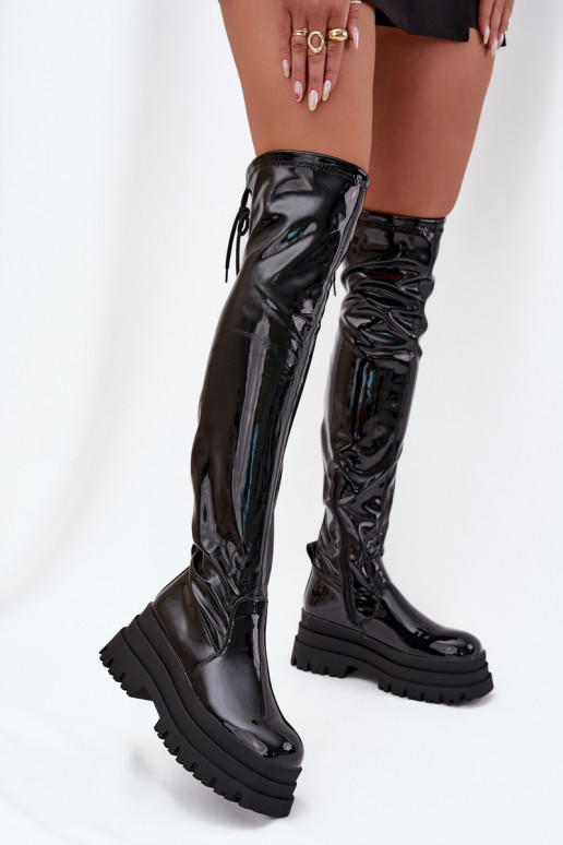 Glossy Knee High Boots On A Chunky Platform Black Ravela