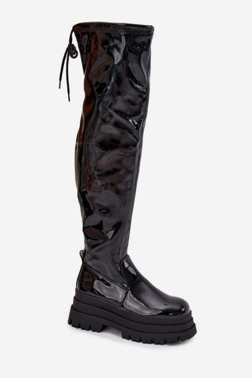 Glossy Knee High Boots On A Chunky Platform Black Ravela