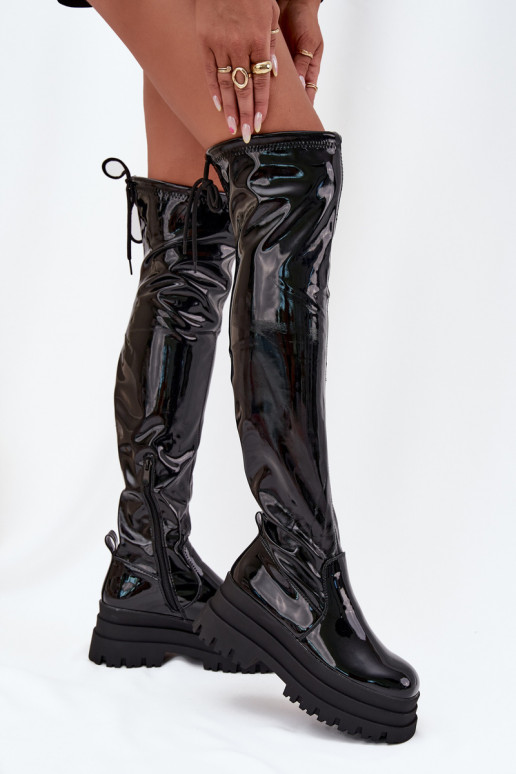 Glossy Knee High Boots On A Chunky Platform Black Ravela