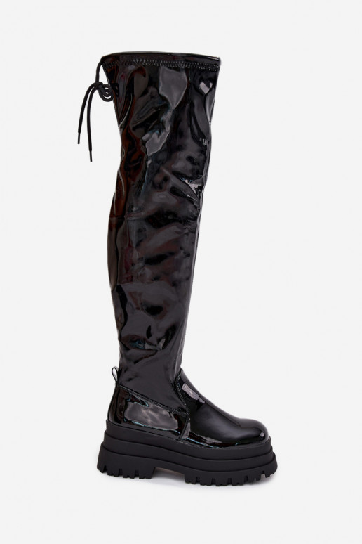 Glossy Knee High Boots On A Chunky Platform Black Ravela