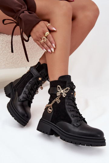 Women's Work Boots Insulated With Gold Chain And Charms Black Vessara