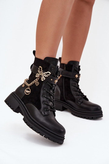 Women's Work Boots Insulated With Gold Chain And Charms Black Vessara 2