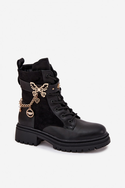 Women's Work Boots Insulated With Gold Chain And Charms Black Vessara Women's Work Boots Insulated With Gold Chain And Charms Black Vessara