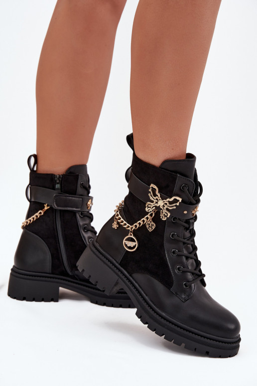 Women's Work Boots Insulated With Gold Chain And Charms Black Vessara Women's Work Boots Insulated With Gold Chain And Charms Black Vessara