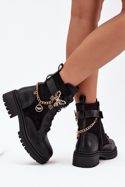 Women's Work Boots Insulated With Gold Chain And Charms Black Vessara Women's Work Boots Insulated With Gold Chain And Charms Black Vessara