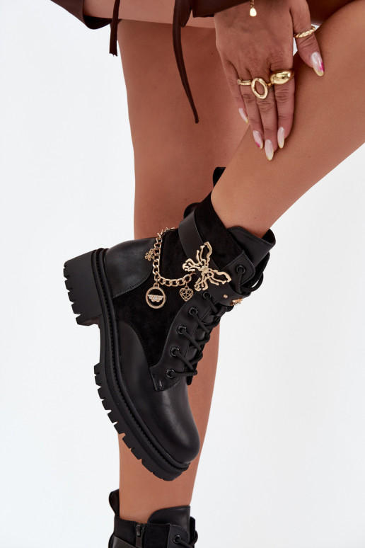 Women's Work Boots Insulated With Gold Chain And Charms Black Vessara Women's Work Boots Insulated With Gold Chain And Charms Black Vessara