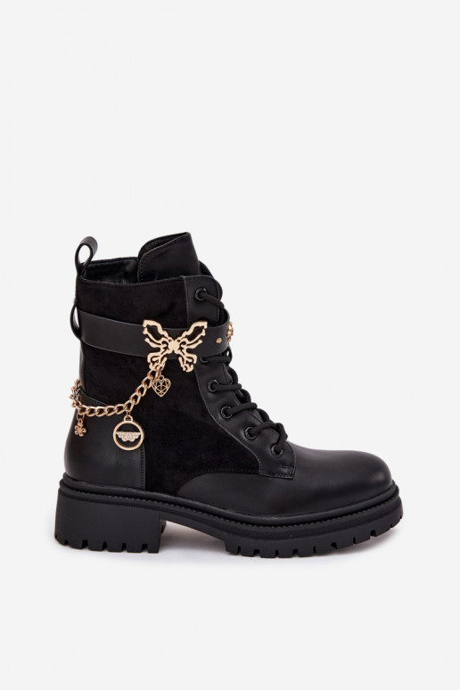 Women's Work Boots Insulated With Gold Chain And Charms Black Vessara Women's Work Boots Insulated With Gold Chain And Charms Black Vessara