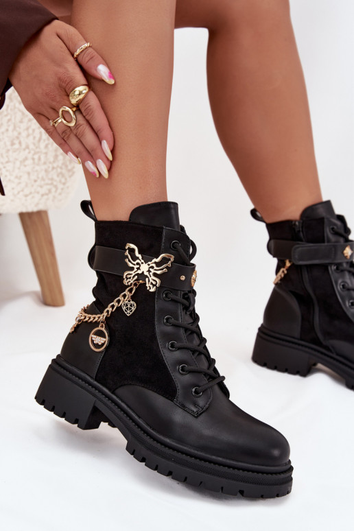 Women's Work Boots Insulated With Gold Chain And Charms Black Vessara Women's Work Boots Insulated With Gold Chain And Charms Black Vessara