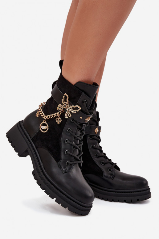 Women's Work Boots Insulated With Gold Chain And Charms Black Vessara Women's Work Boots Insulated With Gold Chain And Charms Black Vessara