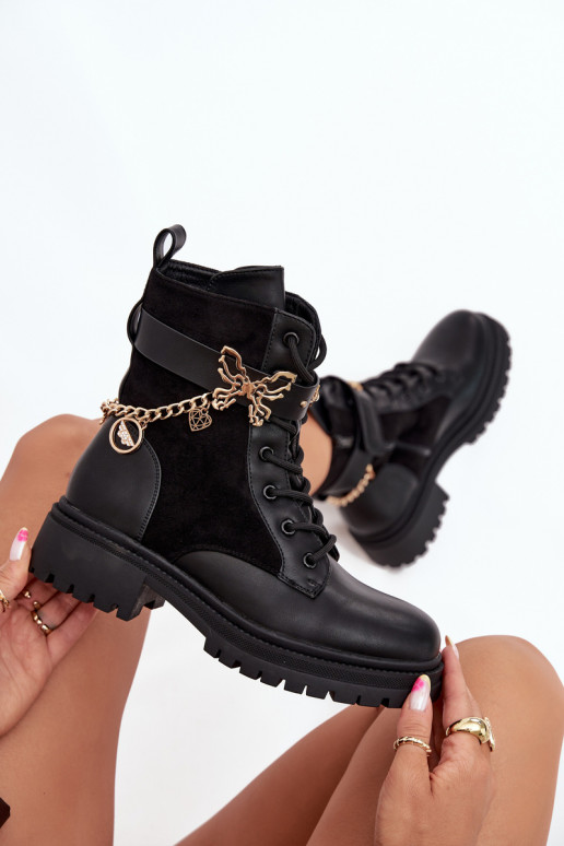 Women's Work Boots Insulated With Gold Chain And Charms Black Vessara Women's Work Boots Insulated With Gold Chain And Charms Black Vessara