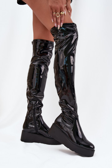 Lacquered Knee High Boots On Platform With Delicate Wedge Black Tavina