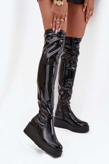 Lacquered Knee High Boots On Platform With Delicate Wedge Black Tavina 2