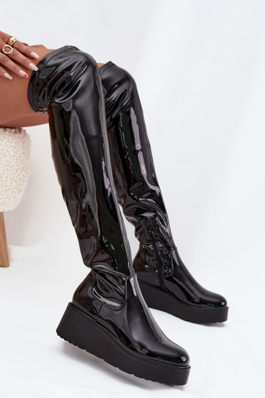 Lacquered Knee High Boots On Platform With Delicate Wedge Black Tavina