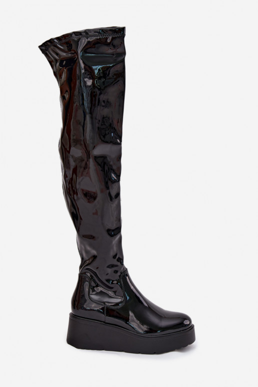 Lacquered Knee High Boots On Platform With Delicate Wedge Black Tavina