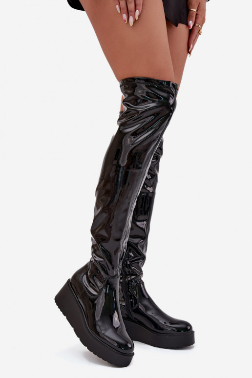 Lacquered Knee High Boots On Platform With Delicate Wedge Black Tavina