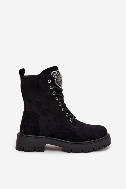 Botki WorkerywithBiżuteryjną Ozdobą Ocieplane Eko Zamszowe Czarne Miryssa
