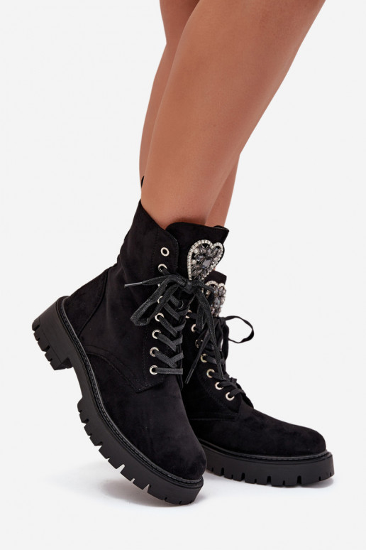 Botki WorkerywithBiżuteryjną Ozdobą Ocieplane Eko Zamszowe Czarne Miryssa