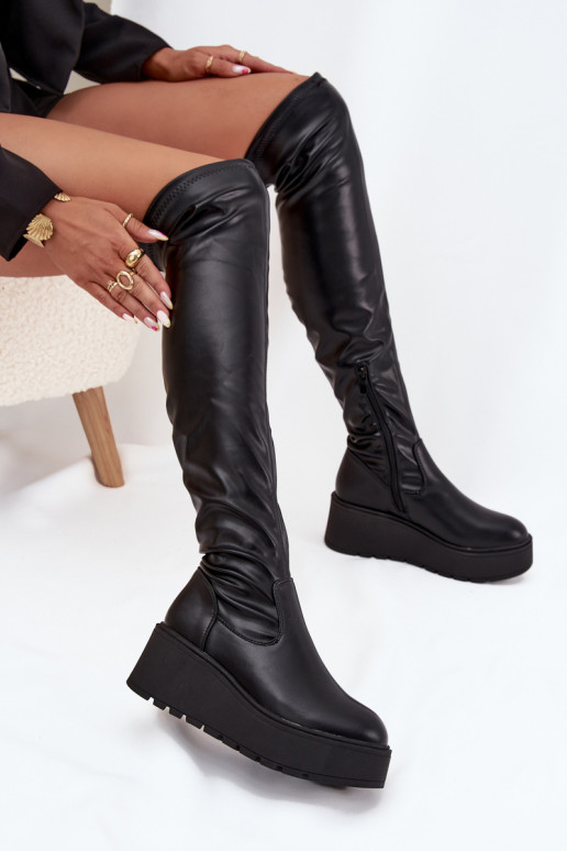 Knee High Women's Boots On Platform With Delicate Wedge Black Lydira