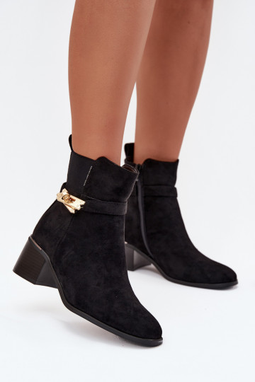 Fleece lined women's ankle boots with gold decoration on block heel black Sarona