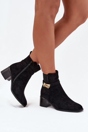Fleece lined women's ankle boots with gold decoration on block heel black Sarona 2