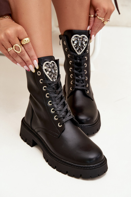 Boots Workers With Jewelry Decoration Insulated Eco Leather Black Miryssa