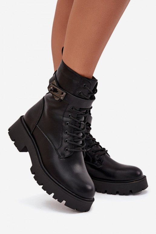 Women's Work Boots With Decorative Strap Insulated Eco Leather Black Selita