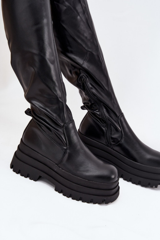 Womens Knee High Boots On Chunky Platform Black Erisna