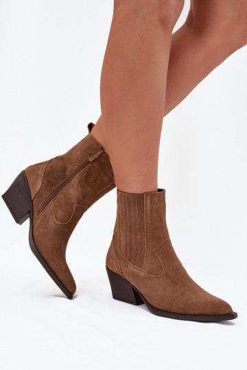 Suede Cowboy Ankle Boots Women's Heeled Insulated Camel Dylira