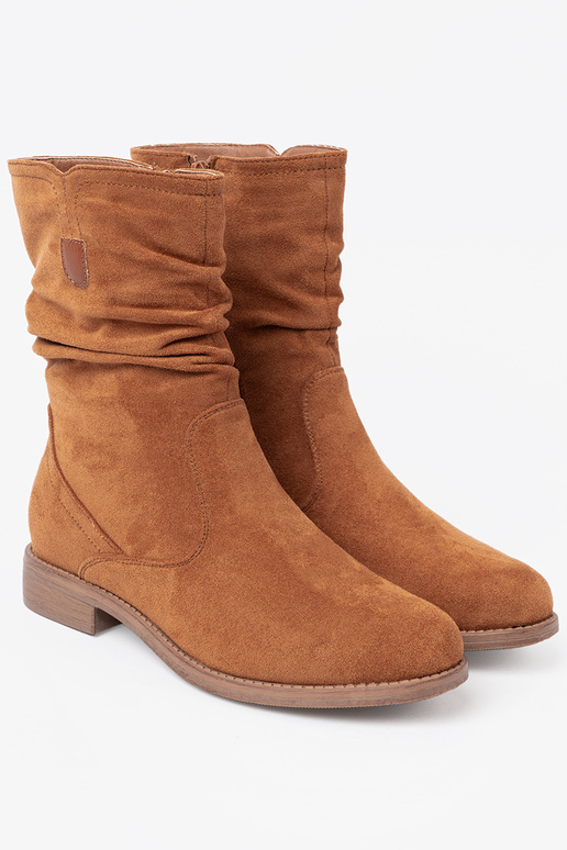 caramel colors boots Inith a ruffled upper