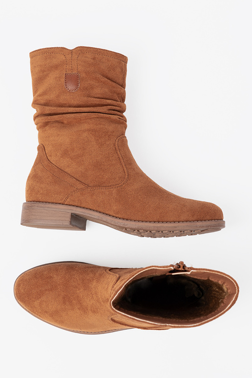 caramel colors boots Inith a ruffled upper