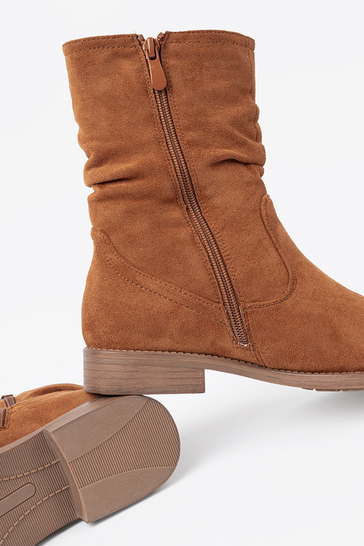 caramel colors boots Inith a ruffled upper