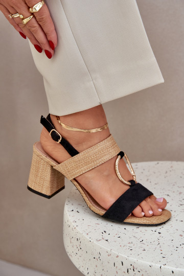 Block Heel Sandals Black-Beige Afleeria 2